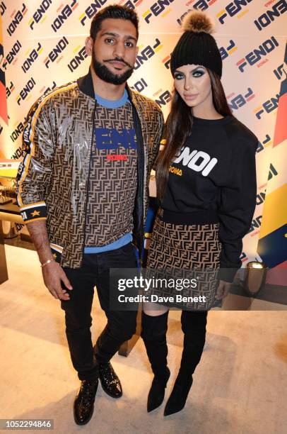 Amir Khan and Faryal Makhdoom attend the FENDI MANIA Collection Launch on October 16, 2018 in London, England.