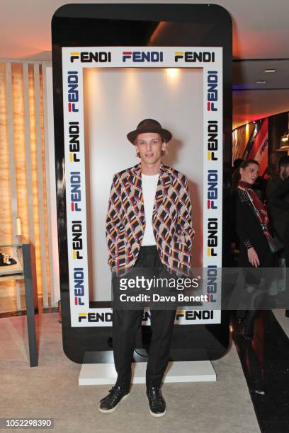 Jamie Campbell Bower attends the FENDI MANIA Collection Launch on October 16, 2018 in London, England.