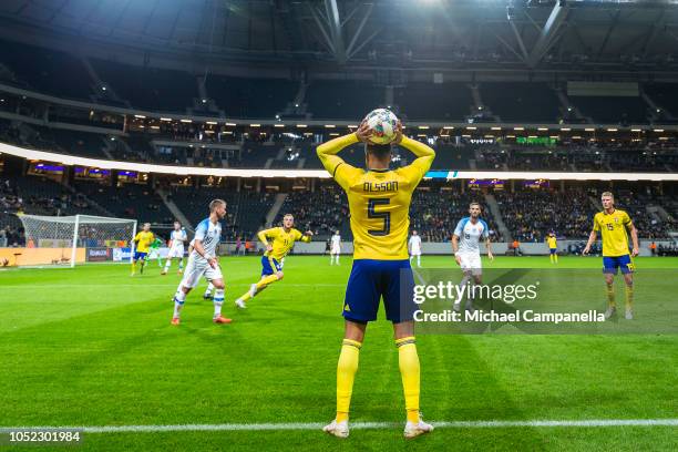 Martin Olsson of Sweden takes a throw in during the International Friendly match between Sweden and Slovakia at Friends Arena on October 16, 2018 in...