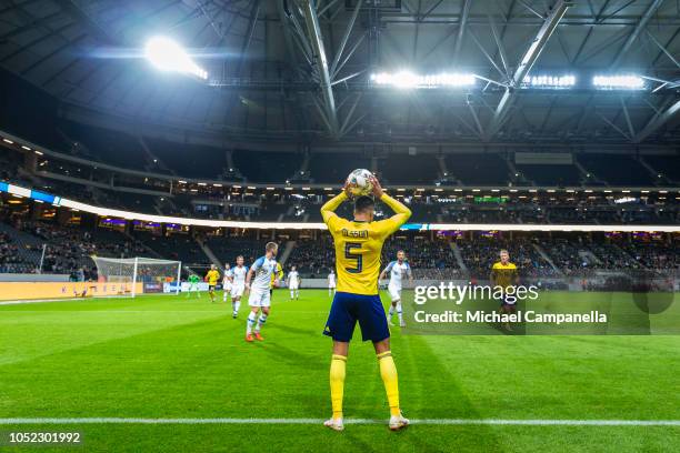 Martin Olsson of Sweden takes a throw in during the International Friendly match between Sweden and Slovakia at Friends Arena on October 16, 2018 in...