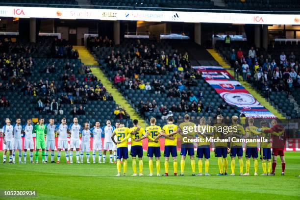 Moment of silence in honor of Swedish football player Labinot Harbuzi, who passed away last week, is observed during the International Friendly match...