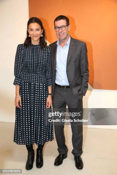 Hosts Galerist Felicitas Vogdt, Willi Bonke, General Manager Premium Cars Rosenheim during the Ladies Art Lunch at Galerie Stefan Vogdt on October...