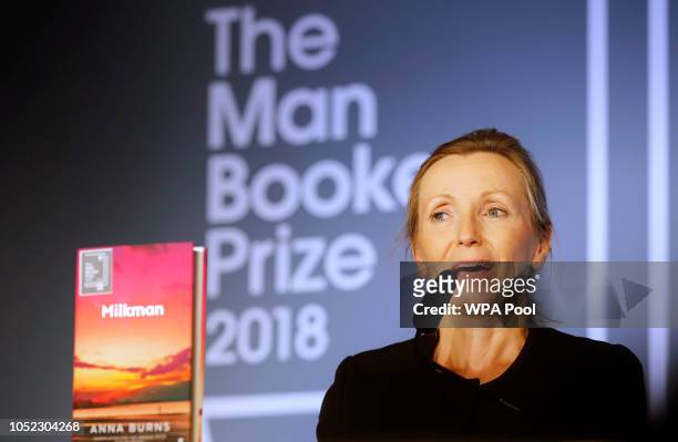 Writer Anna Burns speaks after she was presented with the Man Booker Prize for Fiction 2018 by Camilla, Duchess of Cornwall during the prize's 50th...