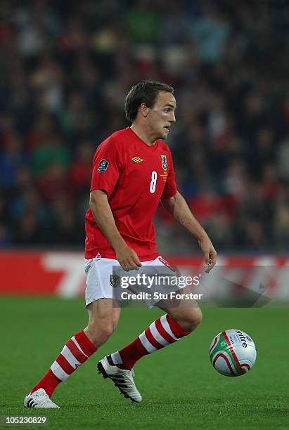 Wales player David Vaughan in action during the EURO 2012 Group G Qualifier between Wales and Bulgaria at Cardiff City Stadium on October 8, 2010 in...