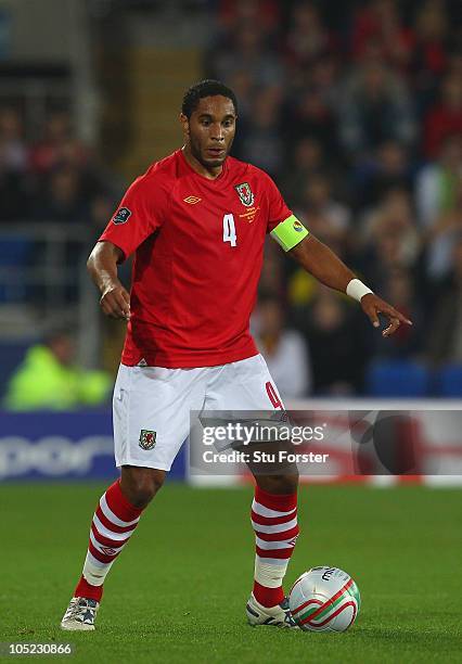 Wales captain Ashley Williams in action during the EURO 2012 Group G Qualifier between Wales and Bulgaria at Cardiff City Stadium on October 8, 2010...