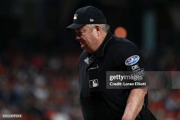 Home plate umpire Joe West looks on during Game 3 of the ALCS between the Boston Red Sox and the Houston Astros at Minute Maid Park on Tuesday,...