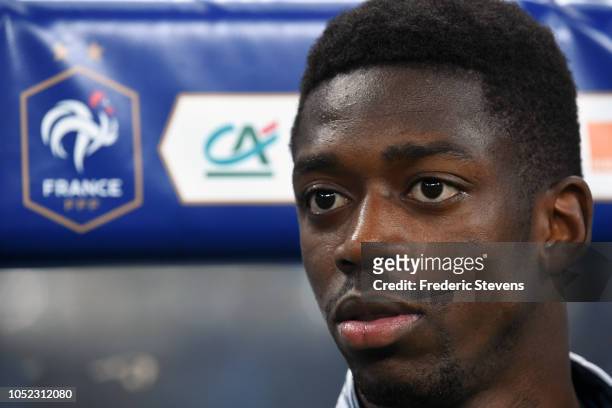 Ousmane Dembele of France looks on during the national anthem during the UEFA Nations League A group official match between France and Germany at...