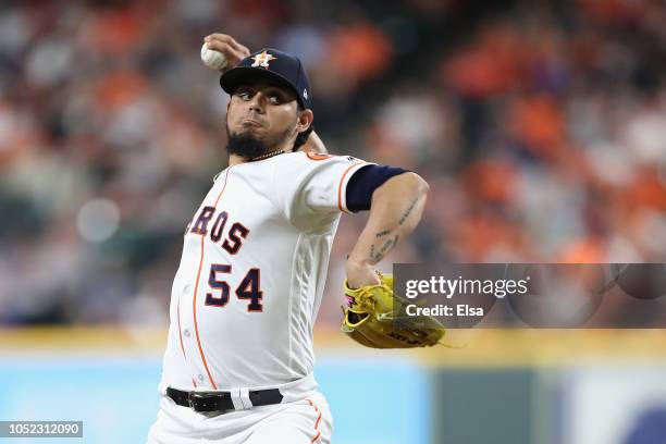 Roberto Osuna of the Houston Astros pitches in the eighth inning against the Boston Red Sox during Game Three of the American League Championship...