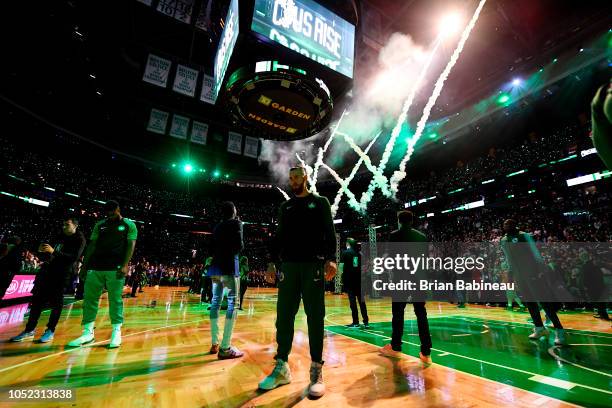 Aron Baynes of the Boston Celtics looks on during introductions against the Philadelphia 76ers on October 16, 2018 at the TD Garden in Boston,...