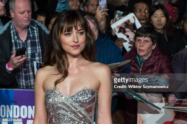 Dakota Johnson attends the UK film premiere of 'Suspiria' at Cineworld, Leicester Square, during the 62nd London Film Festival Headline Gala. October...
