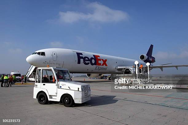 Illustration picture taken on October 13, 2010 shows the plane at the Airport in Liege which carried the horse named Vigo d'Arsouilles, of Belgian...