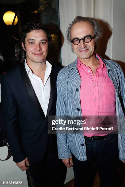 Actors of the piece, Aurelien wiik and Alain Pochet pose after the "La Conversation" Theater Play at "Theatre du Gymnase Marie-Bell" on October 16,...