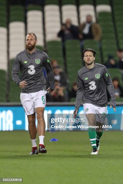 David Meyler of Ireland and Harry Arter of Ireland during the UEFA Nations League B group four match between Ireland and Wales at Aviva Stadium on...