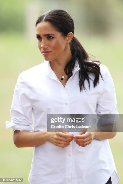 Meghan, Duchess of Sussex visits a local farming family, the Woodleys, on October 17, 2018 in Dubbo, Australia. The Duke and Duchess of Sussex are on...