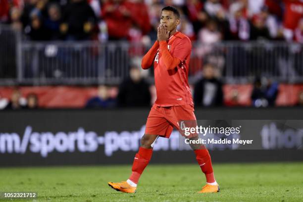 Andy Polo of Peru reacts after missing a shot on goal against the the United States at Rentschler Field on October 16, 2018 in East Hartford,...