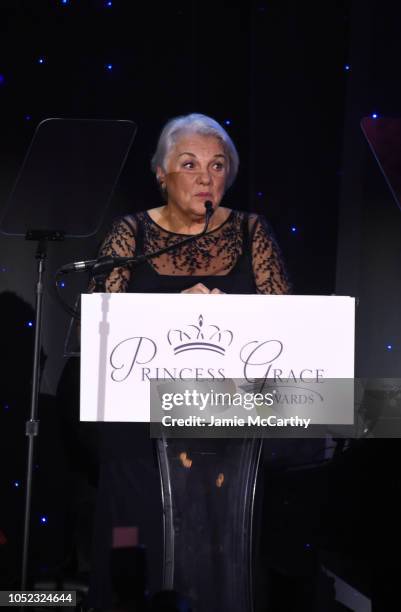 Tyne Daly speaks on stage during the 2018 Princess Grace Awards Gala at Cipriani 25 Broadway on October 16, 2018 in New York City.