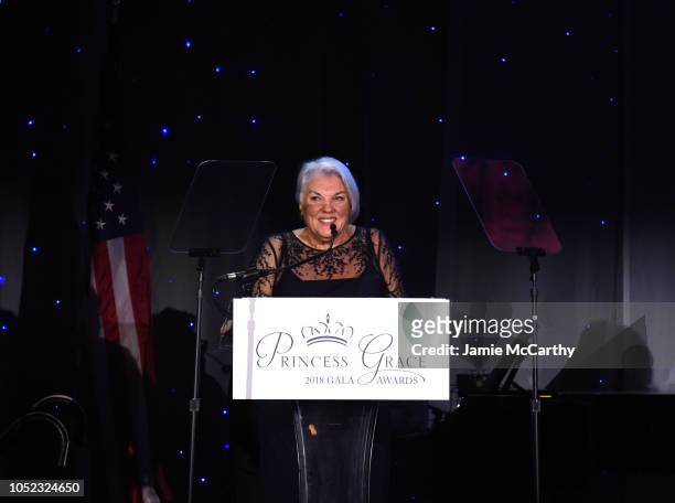 Tyne Daly speaks on stage during the 2018 Princess Grace Awards Gala at Cipriani 25 Broadway on October 16, 2018 in New York City.