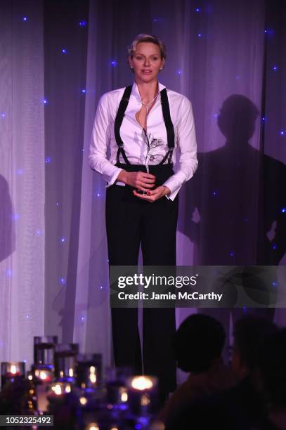 Princess Charlene of Monaco speaks on stage during the 2018 Princess Grace Awards Gala at Cipriani 25 Broadway on October 16, 2018 in New York City.