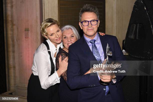 Princess Charlene of Monaco, Tyne Daly, and honoree Tim Daly celebrate backstage during 2018 Princess Grace Awards Gala at Cipriani 25 Broadway on...