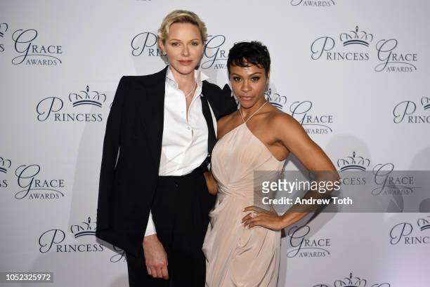 Princess Charlene of Monaco and Carly Hughes attend the 2018 Princess Grace Awards Gala at Cipriani 25 Broadway on October 16, 2018 in New York City.