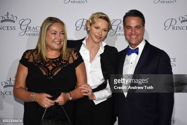 Simone Mets, HSH Princess Charlene of Monaco and James Mets attend the 2018 Princess Grace Awards Gala at Cipriani 25 Broadway on October 16, 2018 in...