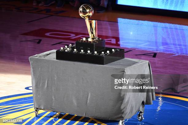 View of the Golden State Warriors 2017-2018 Championship rings and the Larry O'Brien NBA Championship Trophy prior to their game against the Oklahoma...