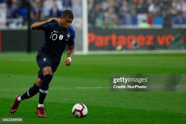 Kylian Mbappe of France controls the ball during the UEFA Nations League football match between France and Germany at the Stade de France in...