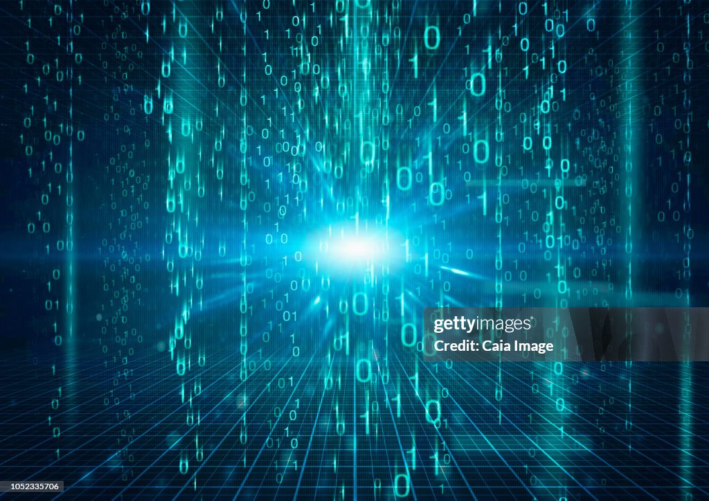 Digital generated image of light shining behind binary code