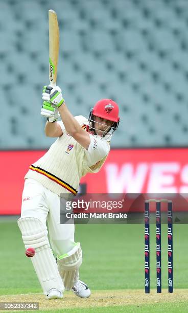 Jake Lehmann of the Redbacks bats during the Sheffield Shield match between South Australia and New South Wales at Adelaide Oval on October 17, 2018...