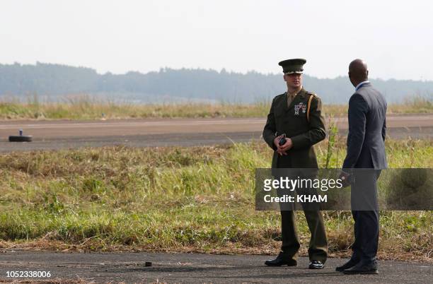 Soldiers stand guard at the dioxin contaminated area as US Secretary of Defense Jim Mattis visits Bien Hoa airbase, where the US army stored the...