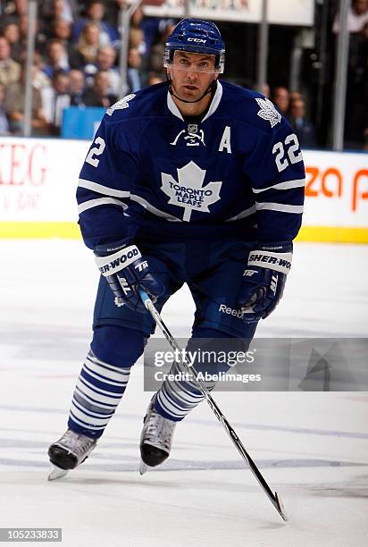 Francois Beauchemin of the Toronto Maple Leafs skates up the ice during a regular season NHL game against the Montreal Canadiens at the Air Canada...