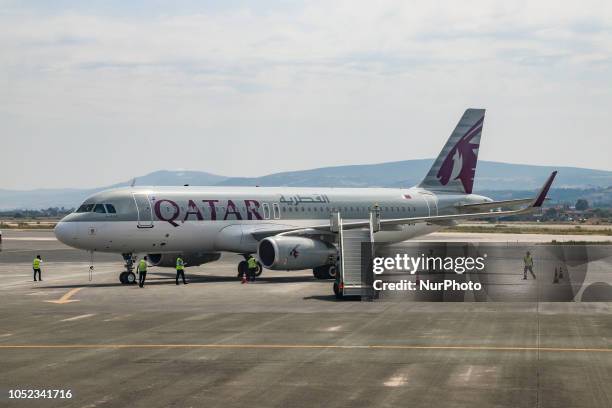 Qatar Airways Airbus A320-200 with registration A7-AHX as seen in Thessaloniki, Greece. Qatar began the connection between Doha, Qatar and...