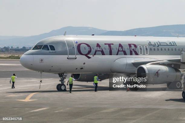 Qatar Airways Airbus A320-200 with registration A7-AHX as seen in Thessaloniki, Greece. Qatar began the connection between Doha, Qatar and...