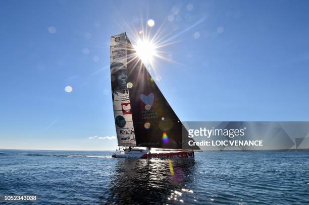 English skipper Samantha Davies sails her Initiatives-Coeur Class 60 Imoca monohull off Port-La-Foret, western France, on October 16 a few week prior...
