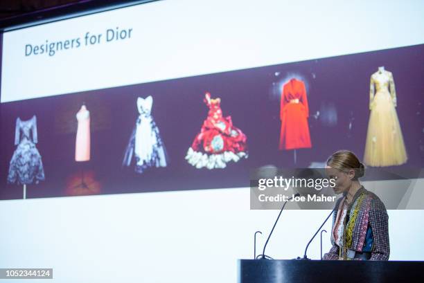 Oriole Cullen talks at a press conference for the Christian Dior: 'Designer Of Dreams' exhibition at Victoria and Albert Museum on October 17, 2018...