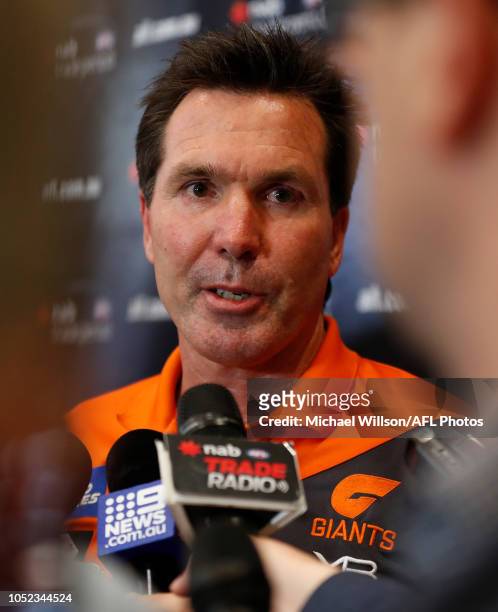 Wayne Campbell, Football Manager of the Giants speaks with the media during the AFL Trade period final day at Marvel Stadium on October 17, 2018 in...