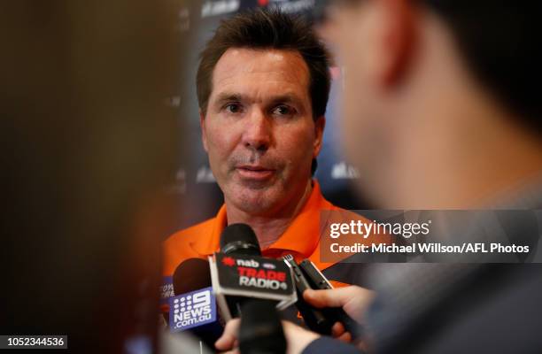 Wayne Campbell, Football Manager of the Giants speaks with the media during the AFL Trade period final day at Marvel Stadium on October 17, 2018 in...