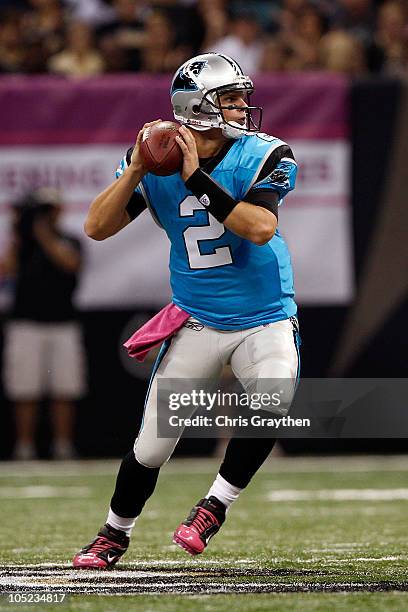 Jimmy Clausen of the Carolina Panthers in action during the game against the New Orleans Saints at the Louisiana Superdome on October 3, 2010 in New...