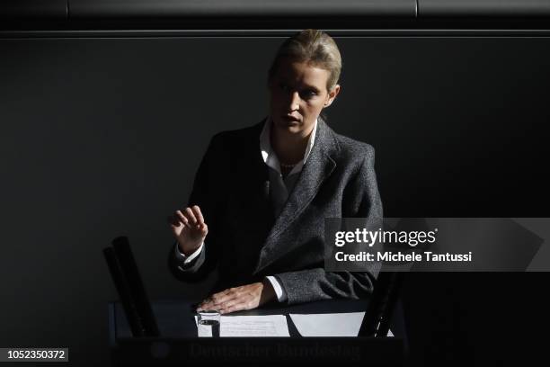 Far right Party AFD Leader Alice Weidel speaks after a government declaration at the Bundestag prior to today's summit of European leaders at the...