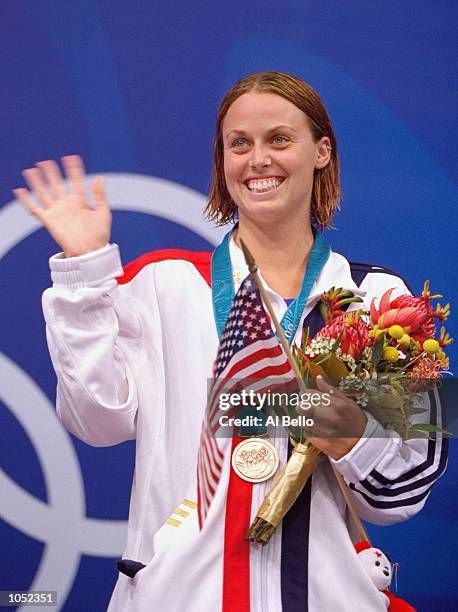 Amanda Beard of the USA celebrates her Bronze Medal win on the podium after the Womens 200m Breastroke Final at the Sydney International Aquatic...