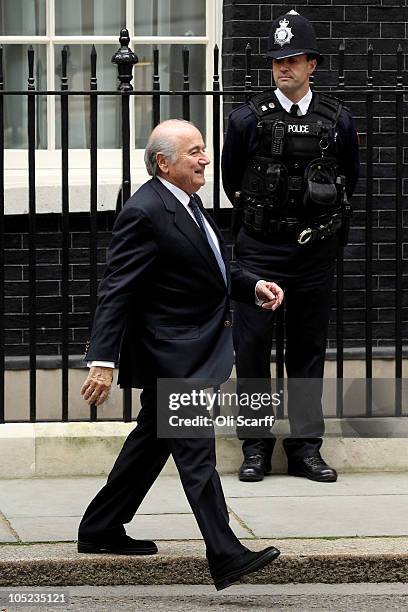 Sepp Blatter, the President of FIFA, leaves Number 10 Downing Street on October 13, 2010 in London, England. Mr Blatter arrived to discuss England's...