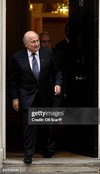 Sepp Blatter, the President of FIFA, leaves Number 10 Downing Street on October 13, 2010 in London, England. Mr Blatter arrived to discuss England's...