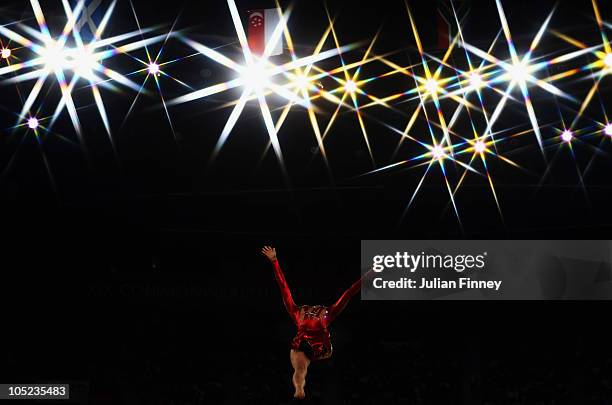 Victoria Clow of Scotland performs with the ball as she competes in the in the All-Around Rhythmic Gymnastics Final at Indira Gandhi Sports Complex...