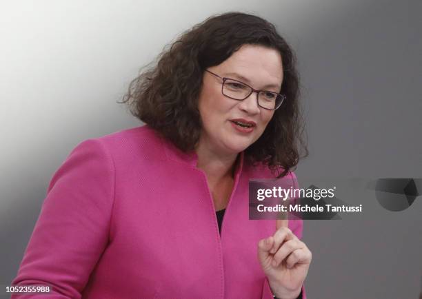 Social democrats Leader Andrea Nahles speaks after a government declaration at the Bundestag prior to today's summit of European leaders at the...