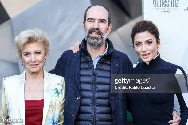Actress Marisa Paredes, director Jaime Rosales and actress Barbara Lennie attend the Petra photocall at Princesa Cinema on October 17, 2018 in...