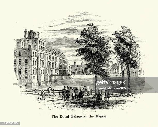 royal palace at the hague, 19th century - noordeinde palace stock illustrations