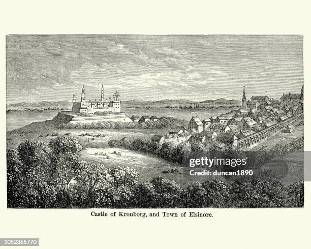 kronborg castle, and town of elsinore, denmark, 19th century - kronborg castle stock illustrations