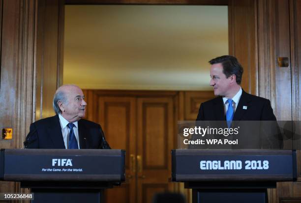 Prime Minister David Cameron and President of FIFA Sepp Blatter speak to the media at number 10 Downing Street on October 13, 2010 in London,...