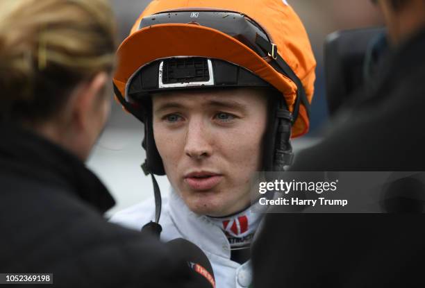 Jockey Colin Keane looks on after winning the British Stallion Studs EBF Beckford Stakes at Bath Racecourse on October 17, 2018 in Bath, England.