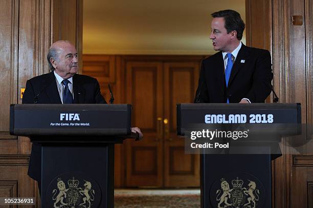 Prime Minister David Cameron and President of FIFA Sepp Blatter speak to the media at number 10 Downing Street on October 13, 2010 in London,...